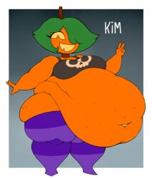 female green_hair kim_(spaghettiz) kim_the_pumpkin obese_female oc pumpkin pumpkin_girl pumpkin_head spaghettiz stomach