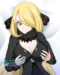 blonde_hair bodypillow breasts cleavage cynthia_(pokemon) dakimakura fanart hair_over_one_eye looking_at_viewer mitgard-knight pokemon pokemon_dppt