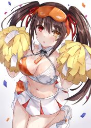 1girls 2022 amber_eyes asle big_breasts black_hair blush breasts brown_hair cheerleader cheerleader_uniform cleavage date_a_live hair_ornament heterochromia highres looking_at_viewer medium_breasts midriff navel pleated_skirt pom_poms realistic_breast_size red_eyes simple_background skirt solo solo_female solo_focus standing star_on_cheek sweat thighs tokisaki_kurumi twintails unique_eyes white_background yellow_eyes