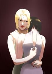 2girls age_difference black_hair blonde_hair couple female female/female female_only fingernails hand_on_another's_hip lesbian lips lipstick long_hair low_twintails makeup may_c_(lovemeiko) multiple_girls nail_polish naruto naruto_(series) naruto_shippuden older_female red_eyes red_lips red_nails shizune short_hair smile teacher_and_student tsunade twintails undressing undressing_partner unzipping younger_female yuri zipper zipper_down