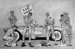 6boys ass barefoot black_and_white brad_welch_art bucket_of_water bulge butt car car_wash cowboy_hat dark-skinned_male english_text flaccid_cock gay graphite_(artwork) hand_on_ass hose jockstrap male male_focus male_only mostly_nude_male muscles muscular muscular_male naked_footwear no_sex pencil_(artwork) penis_outline penis_peek penis_size_difference penis_visible_through_clothing sign sketch socks_and_shoes sunglasses tanlines tattoo uncolored