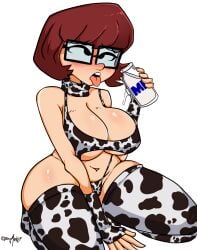 1girls ahe_gao alternate_version_available big_breasts bigmantis bikini breasts brown_hair cow_bikini cow_print eyes_rolling_back freckles freckles_on_face glasses light-skinned_female light_skin open_mouth scooby-doo swimsuit thick_thighs velma_dinkley