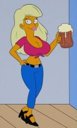 1girls 2019 20th_century_studios accurate_art_style alcohol beer beer_mug belt belt_buckle black_eyes breasts cleavage drink duff_beer ear_piercing earrings eyebrows eyelashes female female_only foam hand_on_hip heels high_heels holding holding_object huge_breasts jeans large_breasts lipstick long_hair midriff mug navel piercing scobionicle99 solo the_simpsons titania_(the_simpsons) yellow_body yellow_skin