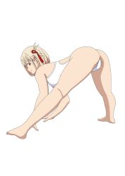 1girls 2020s 2022 all_fours ass bangs barefoot bikini blonde_hair bob_cut female full_body hair_ribbon highres looking_at_viewer looking_back lycoris_recoil nishikigi_chisato one-piece_swimsuit red_eyes red_ribbon ribbon rx53l5 short_hair smile solo split spread_legs swimsuit teenage_girl teenager toes white_background white_bikini white_one-piece_swimsuit