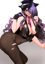 1girls alternate_costume ass black_bodysuit black_gloves black_headwear bodystocking bodysuit breasts camilla_(fire_emblem) cleavage closed_mouth collarbone commentary cosplay covered_navel crop_top crossover fate/grand_order fate_(series) female female_only fingerless_gloves fingernails fire_emblem fire_emblem_fates gloves hair_ornament hair_over_one_eye hat highres hips horn_ornament horns huge_breasts large_ass large_breasts light-skinned_female light_skin lips long_hair lying_on_side necktie nintendo octoboo one_eye_covered outfit_swap peaked_cap pink_nails pink_necktie policewoman purple_hair red_eyes see-through_bodysuit sesshouin_kiara sesshouin_kiara_(swimsuit_mooncancer) sesshouin_kiara_(swimsuit_mooncancer)_(cosplay) sesshouin_kiara_(swimsuit_mooncancer)_(second_ascension) simple_background slim_waist smile solo swimsuit thick_thighs thighs torn_bodysuit torn_clothes torn_clothing very_long_hair wavy_hair wide_hips