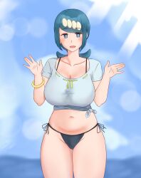 1girls big_breasts blue_eyes blue_hair blush bracelet breast female female_only freckles hair_ornament hi_res highres jasonis0224 lana's_mother_(pokemon) mature mature_female milf mob_face nintendo pokemon pokemon_sm shirt tied_hair white_shirt wide_hips