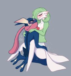 amphibian anthro bedroom_eyes blush bodily_fluids cowgirl_position dripping duo ear_blush eye_contact female female_on_top gardevoir generation_3_pokemon generation_6_pokemon genital_fluids greninja grey_background hi_res holding_hips humanoid humanoid_on_anthro humanoid_on_top looking_at_another looking_pleasured male male/female narrowed_eyes nightrose_desires nintendo on_top one_eye_obstructed pokemon pokemon_(species) pokemon_only pussy_juice pussy_juice_drip pussy_juice_on_leg red_eyes saint_position seductive shoulder_grab simple_background smile video_games white_body