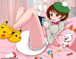 1girls baby_bottle bed breasts brown_fur brown_hair cardigan diaper gloria_(pokemon) grey_cardigan hat lamp large_breasts lilith-fetish nintendo nintendo_switch on_bed pacifier pillow pink_pillow playing_videogame pokemon pokemon_ss scorbunny short_hair stuffed_animal white_diaper