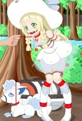 1girls alolan_vulpix arms_tied_behind_back ball_gag blonde_hair bondage boots breasts chains collar crying crying_with_eyes_open cuffs dress duffel_bag forest gag gagged green_eyes hat leash legs_tied lillie_(pokemon) long_hair loveyuri93 nintendo outside painted_fingernails poke_ball_gag pokemon pokemon_(species) pokemon_sm rope rope_between_breasts rope_bondage small_breasts trees vulpix water white_dress