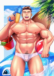 >_< 1boy :d abs absurdres armpit_hair ball bara beachball biceps brown_hair bucket bulge carrying carrying_under_arm closed_eyes collarbone cowboy_shot day facial_hair facing_viewer flaccid goatee hand_up highres holding holding_water_gun inflatable_orca inflatable_toy large_pectorals leg_hair male male_focus male_only male_pubic_hair male_swimwear minoru_(jxgn4877) muscular muscular_male navel navel_hair nipples open_mouth original outdoors outside_border palm_leaf pectorals penis pubic_hair see-through shiny shiny_skin short_hair smile solo speedo spiked_hair standing surfboard swim_briefs swimwear uncensored wading water water_gun wet_male_swimwear white_male_swimwear xd
