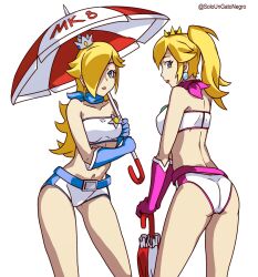 2girls ass belt blonde_hair blue_belt blue_eyes blue_gloves blue_scarf bra breasts clothing crown earrings female gloves hair_over_one_eye handwear holding_umbrella human jumpsuit long_hair looking_at_viewer looking_back mario_(series) mario_kart matching_outfit medium_breasts midriff multiple_girls navel neckwear nintendo pale_skin pink_belt pink_gloves pink_scarf ponytail princess_peach princess_rosalina race_queen scarf shorts soloungatonegro star_earrings umbrella white_bra white_shorts