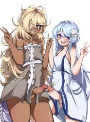 2boys balls bigpain blonde_hair crossdressing dark-skinned_femboy dark-skinned_male dark_skin duo eye_contact femboy hand_holding indie_virtual_youtuber light-skinned_male light_skin long_hair looking_at_viewer male male_only mizuhana_oshibe otoko_no_ko penis penises_touching royenvt silver_hair standing testicles trap virtual_youtuber vtuber yaoi