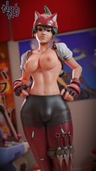 1futa 3d 3d_(artwork) blender blizzard_entertainment breasts bulge bulge_through_clothing clothed clothing fingerless_gloves futa_only futanari half_dressed kiriko_(overwatch) looking_at_viewer nohno overwatch overwatch_2 partially_clothed smug solo