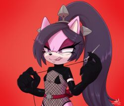 1girls anthro belt bluepawvi eyelashes fan_character femdom fishnet_bodysuit hi_res latex licking_lips long_hair needle original_character partially_clothed pink_body pink_fur ponytail purple_hair solo sonic_(series) squint star_the_spineless_hedgehog