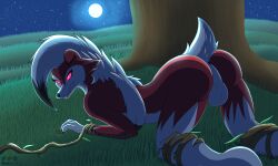 absurd_res anthro arms_tied ass balls bound canid canine doggy_style field from_behind_position fur generation_7_pokemon genitals glowing glowing_eyes grass hi_res legs_tied looking_at_viewer looking_back lycanroc male mammal midnight_lycanroc moon night nintendo plant pokemon pokemon_(species) red_body red_eyes red_fur sex solo therobd tree video_games white_body white_fur wood