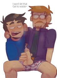 2boys ? blush christopher_bingham cum cum_drip eddsworld embarrassed gay ginger ginger_hair glasses half-dressed handjob matt_(eddsworld) matt_hargreaves pubes real_person shocked_expression suprised_look sweating ur_mom white_background