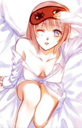 after_sex blue_eyes blush cleavage eye_mask female female_only gintama hair_down high-angle_view kagura_(gintama) looking_at_viewer mask_lift medium_breasts morning_after nipple_bulge off_shoulder on_bed one_eye_closed open_shirt orange_hair pale-skinned_female pale_skin sitting solo wearing_others_clothes wink