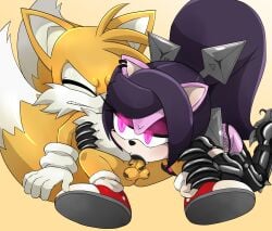 anthro chesterzee elbow_gloves fellatio femdom glowing_eyes latex latex_boots latex_gloves latex_suit lipstick_on_balls lipstick_on_penis miles_prower questionable_consent sega sonic_(series) sonic_the_hedgehog_(series) star_the_spineless_hedgehog straight tails tails_the_fox thigh_boots