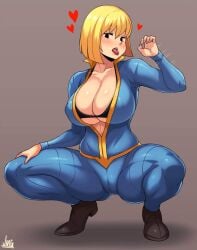 bethesda_softworks big_breasts blonde_female blonde_hair breasts bursting_breasts cleavage clothing fallout fallout_4 female footwear huge_breasts human jmg jumpsuit mob_face open_clothes pale_skin track_suit vault_girl vault_suit