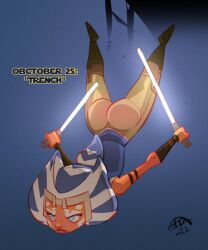 1girls 2022 ahsoka_tano armlet armwear ass ass_focus background blue_background blue_clothing blue_eyes boots bracelet clone_wars clothed clothed_female clothing dated english_text facial_markings falling female female_only footwear fully_clothed glowing hagfish headband headgear holding_object holding_sword holding_weapon horn laser lightsaber markings melee_weapon open_eyes orange_body pants science_fiction shoes signature simple_background solo star_wars sword tentacle tentacle_hair text the_clone_wars:_season_seven tight_clothing togruta upside-down weapon white_lightsaber