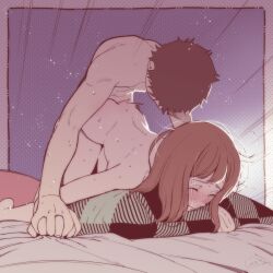 1boy 1girls blush brown_hair couple from_behind holding_hands jorori pillow pleasure_face romantic_couple sex wholesome