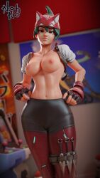 3d 3d_(artwork) blender blizzard_entertainment breasts female female_only fingerless_gloves half_dressed kiriko_(overwatch) looking_at_viewer nohno overwatch overwatch_2 smug