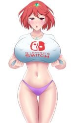 1girls breasts casual casual_clothes core_crystal huge_breasts large_breasts looking_at_viewer mangakay84 midriff navel nintendo nintendo_switch nipple_bulge panties purple_panties pyra red_eyes shirt shirt_lift short_hair tiara white_shirt xenoblade_(series) xenoblade_chronicles_2