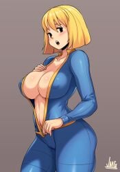 bethesda_softworks big_breasts blonde_female blonde_hair breasts cleavage clothing fallout fallout_4 female huge_breasts human jmg jumpsuit mob_face open_clothes pale_skin track_suit vault_girl vault_suit