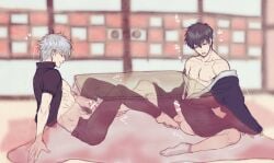 2boys ankle_grab bankenyokocho bar_censor barefoot black_hair erection footjob gay gintama gintoki_sakata hijikata_toshiro indoors japanese_clothes kimono kotatsu male male_only off_shoulder open_kimono open_pants penis silver_hair spread_legs sweat toned toned_male under_the_table white_hair yaoi