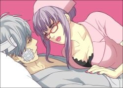 1boy 1girls bandages black_bra bra bra_cups_sticking_out breast_press cleavage female gintama gintoki_sakata glasses hair_bun injured lavender_hair lips lipstick looking_at_another male nail_polish nurse nurse_cap nurse_uniform official_alternate_costume pink_background pink_lipstick pink_nails purple_eyes purple_hair red-framed_glasses sarutobi_ayame sidelocks upper_body wounded