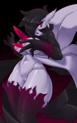 2022 absurd_res big_breasts breasts clothing cosplay_gardevoir digital_media_(artwork) eyebrows eyelashes faejunkie female fingers gardevoir generation_3_pokemon genitals hair hi_res humanoid legwear nintendo open_mouth pokefusion pokemon pokemon_(species) pussy simple_background solo video_games zoroark