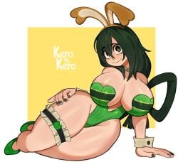 1girls asui_tsuyu big_breasts black_eyes bunny_ears bunnysuit embarrassed female female_only frog frog_girl green_hair humanoid long_hair looking_at_viewer melonpuff my_hero_academia solo strip_game toony tsuyu_asui