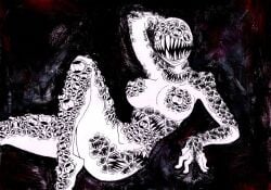 2014 anthro duo eyeless fangs female holes_in_body humanoid monochrome monster monster_girl monster_girl_(genre) mouth_on_chest nightmare_waifu parasitedeath pose tagme traditional_media_(artwork) trypophobia