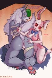 2girls anthro ass big_breasts big_butt bow_tie breasts canid canine canis dialogue duo female female/female female_only five_nights_at_freddy's five_nights_at_freddy's:_security_breach grey_body halloween hi_res holidays human_on_anthro implied_lesbian lagomorph leleack12 leporid lesbian lustful_gaze mammal multiple_girls mummy_wrappings nipples paws rabbit roxanne_wolf_(fnaf) scottgames stitch_(sewing) vanny_(fnaf) video_games white_body wholesome wolf yuri