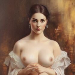 19th_century ai_generated breasts brown_hair clothing ear_piercing exposed_breasts female history holding_hands looking_at_viewer realistic small_breasts stable_diffusion victorian white_blouse