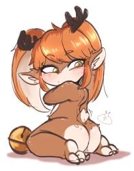 2022 anthro antlers ass bell blush cervid female hi_res horn league_of_legends looking_back mammal nude poppy red_nose riot_games simple_background solo tristana_gllant twintails video_games white_background yordle young