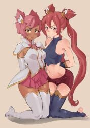 2girls cafin clothed hair_ornament jinx_(league_of_legends) kneeling league_of_legends looking_at_viewer nipples_visible_through_clothing restrained star_guardian_jinx star_guardian_series star_guardian_taliyah stirrup_legwear taliyah tied_up