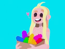 1girls ahoge black_eyes blonde_hair blue_background blue_penis blush box breasts circle_eyebrows cute cyan_background dildo dildos female female_only green_penis heart holding holding_object human humanoid_penis light-skinned_female light_skin long_hair looking_at_viewer magenta_penis medium_breasts mob_face naked no_outlines nude nude_female open_mouth orange_penis outline pupils purple_penis raised_eyebrow red_penis savannahxyz smile teeth tiktok tiktoker tongue topless yellow_hair yellow_penis yocknock youtube youtuber