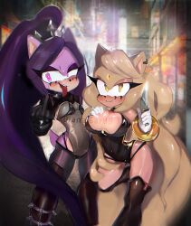 2girls alternate_version_at_source big_breasts dianagar09 flat_chest knife middle_finger multiple_girls sonic_(series) sonic_oc star_the_spineless_hedgehog thigh_boots