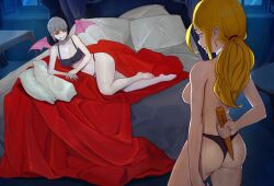 bed blonde_female bra choker collar jennifer_sweeny long_hair monster_madness panties sharkxteeth stake vampiress_(monster_madness) wings