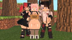 1boy 2girls 3d blue_eyes breasts brown_hair clothed_male clothing demon_boy ellie_walls_(odysseyellie) erect_penis goth_girl horns horny horny_female human humanoid looking_at_another looking_at_penis looking_at_viewer mine-imator minecraft multicolored_hair no_bra no_panties nonude outside pink_hair pussy red_eyes smile spiked_hairband stockings super_twit_(supertwit) supertwit tagme zoey_(zoeyistoosmall)