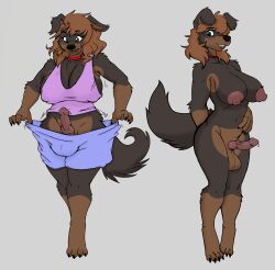 1futa 2022 absurd_res anthro big_breasts blush breasts brown_body brown_fur brown_hair canid canine canis clothing domestic_dog erection fur futanari genitals gynomorph hair hi_res intersex kame-sama88 knot mammal mastiff molosser nipples nude penis rosstherottie rottweiler roz_(rosstherottie) simple_background smile solo standing surprise