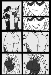 2girls ass_expansion big_ass black_and_white black_and_white_drawing body_exploration breast_expansion breast_squeeze comic_page comic_panel expansion expansion_sequence face_in_ass facesitting greyscale lipstick_mark lipstick_on_ass midnight_(my_hero_academia) mind_break mount_lady mswedgie123 my_hero_academia nemuri_kayama panels submissive_female underwear yuu_takeyama