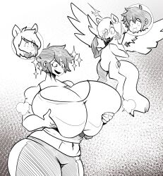 1animal animal body_swap bodyswap female groping groping_breasts groping_self happy huge_breasts human hyper_breasts looking_at_breasts looking_at_self monochrome onat onatart plus_size pony shirt shocked_expression short_hair text_bubble thick_thighs wings