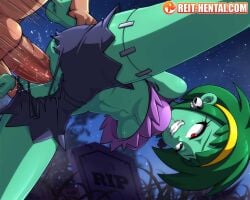 ahe_gao anal anal_access anal_only anal_only_panties anal_sex background big_breasts graveyard green_hair green_skin red_eyes reit rottytops saliva shantae short_hair smooth_skin tagme torn_clothes underboob unseen_male_face watermark