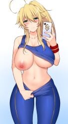 1girls areolae artoria_pendragon_(lancer) big_breasts big_thighs blonde_hair blush breasts busty cellphone fate/grand_order fate_(series) female female_only huge_breasts huge_thighs large_breasts large_thighs navel nekosama_shugyouchuu nipple phone ponytail selfie thick_thighs thighs turquoise_eyes underboob voluptuous