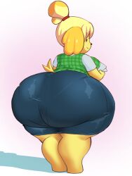 2d animal_crossing anthro ass ass_focus blonde_hair canid canine canine_humanoid canis clothed clothing female female_focus female_only fur furry furry_only hair_tie hi_res hips huge_ass isabelle_(animal_crossing) large_ass milf nintendo office_lady panties_outline pantylines paper plok902 simple_background skirt solo standing tail tail_wag thick_thighs thighs wagging_tail wide_hips woman yellow_fur