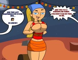 2girls big_breasts bra breasts chris_mclean clothed clothed_female delta0shadow dialogue female female_focus flashing flashing_breasts heather_(tdi) lindsay_(tdi) looking_at_viewer male red_bra total_drama_island