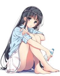 1girls artist_request black_hair bottle classroom_of_the_elite closed_mouth female foot hair horikita_suzune long_hair mouth mouth_closed open_eyes shadow skirt water water_bottle youkoso_jitsuryoku_shijou_shugi_no_kyoushitsu_e