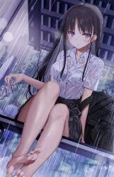 1girls artist_request black_hair classroom_of_the_elite closed_mouth eyes eyes_open eyes_opened female female_only females_only foot hair horikita_suzune long_hair mouth mouth_closed open_eyes purple_eyes rain raining violet_eyes youkoso_jitsuryoku_shijou_shugi_no_kyoushitsu_e